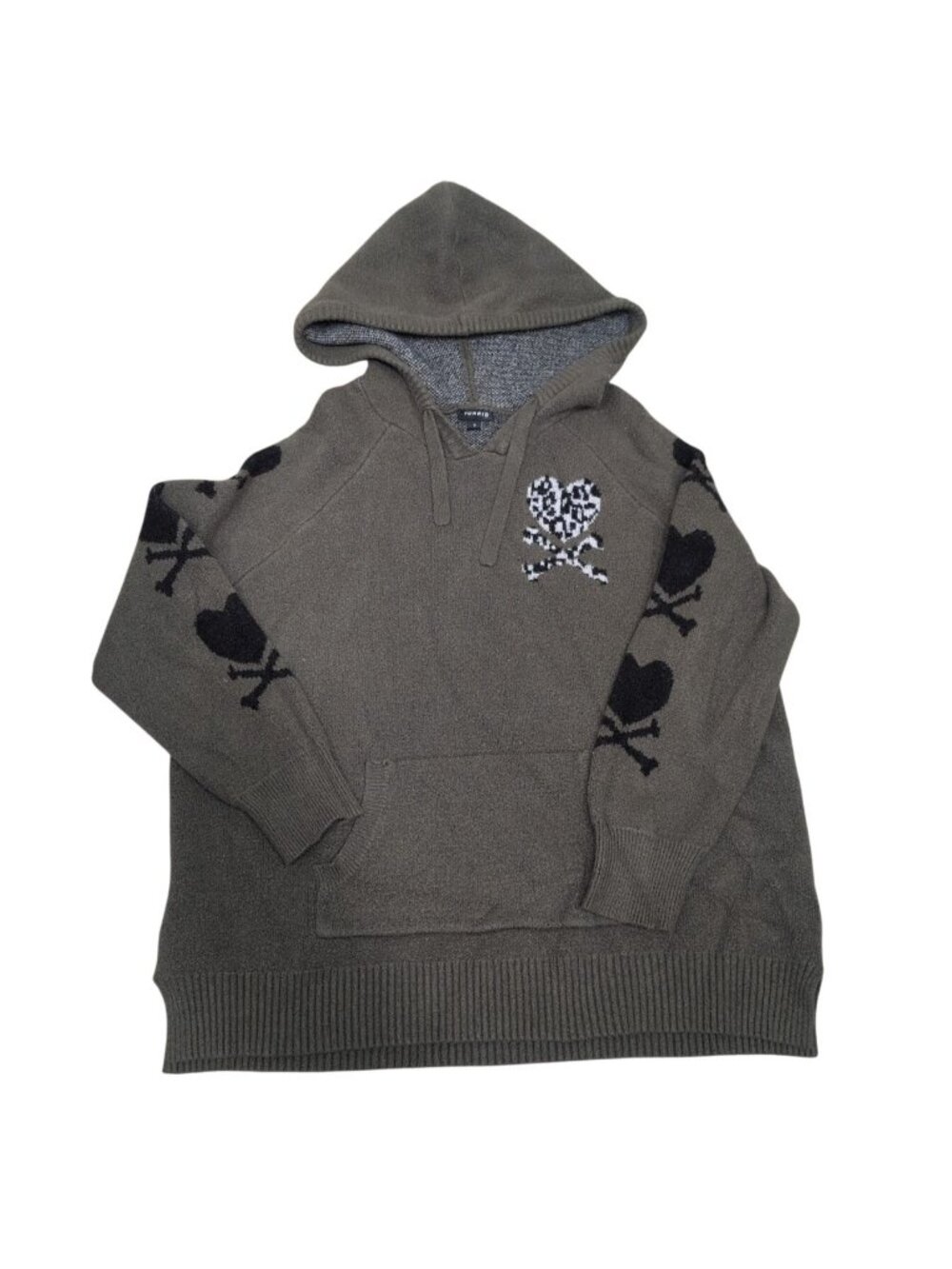 Torrid Heart Cross Bones Hoodie Womens Size 2X Olive Green Knit Goth Fairy Emo